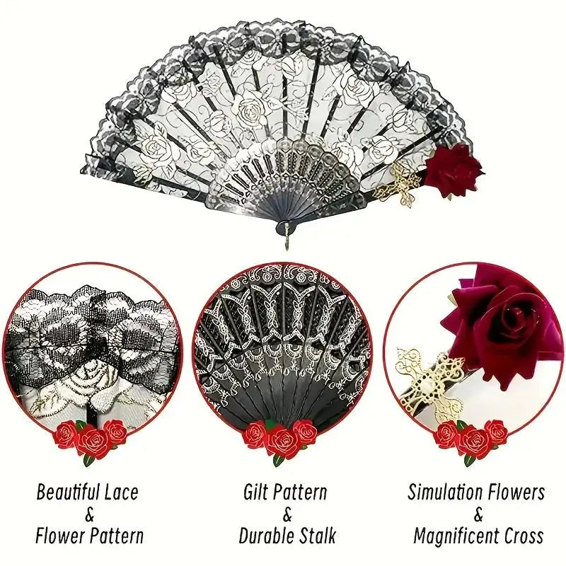Gothic Lace Folding Hand Fan with Rose