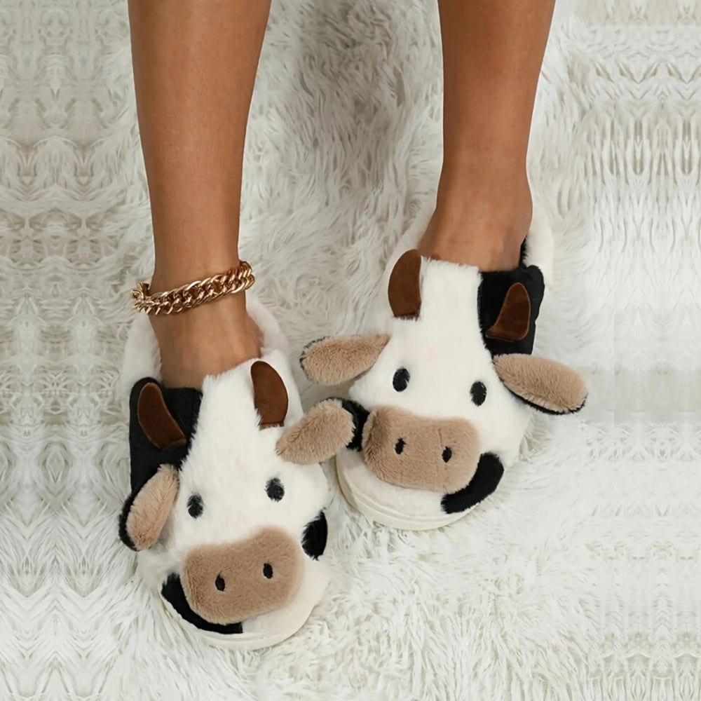 Fuzzy Cow Slippers – Cozy Plush Animal House Shoes