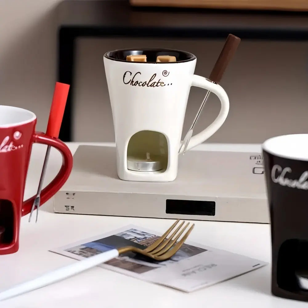 Ceramic Chocolate Warming Mug with Fork – Candle-Heated Dessert Cup