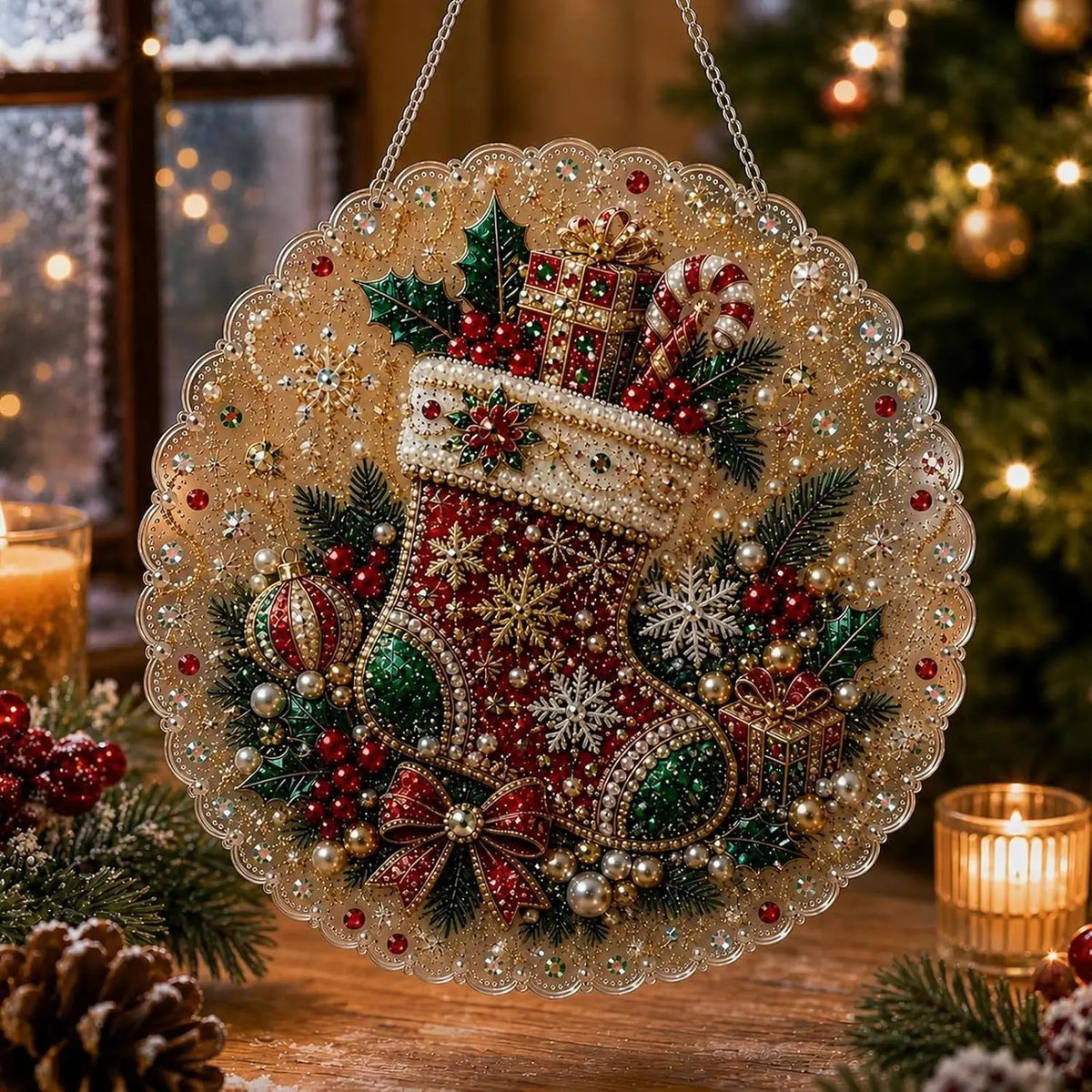 Christmas Pearl Diamond Painting Suncatcher Kit – 8" DIY Holiday Decor