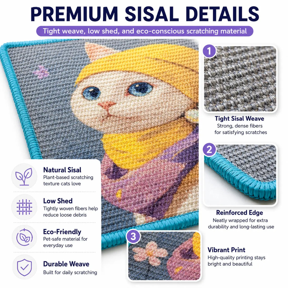 Wall Art Natural Sisal Cat Scratcher Mat with Toy