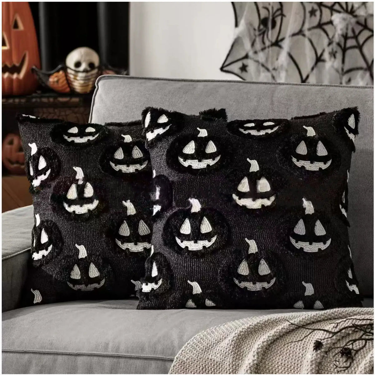 Embroidered Pumpkin Halloween Pillow