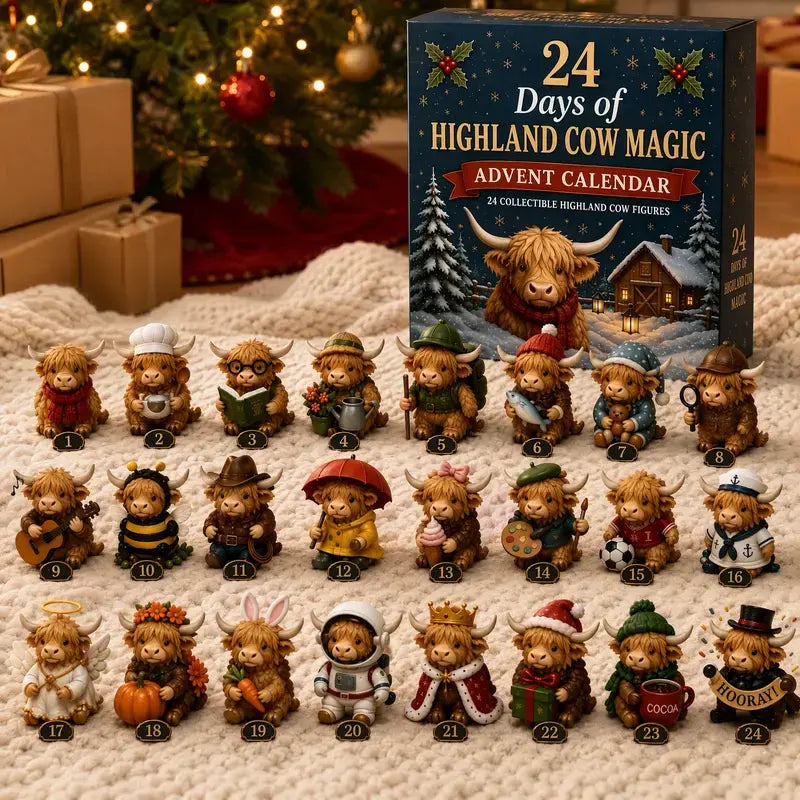 24-Day Highland Cow Advent Calendar – Christmas Countdown Figurine Set