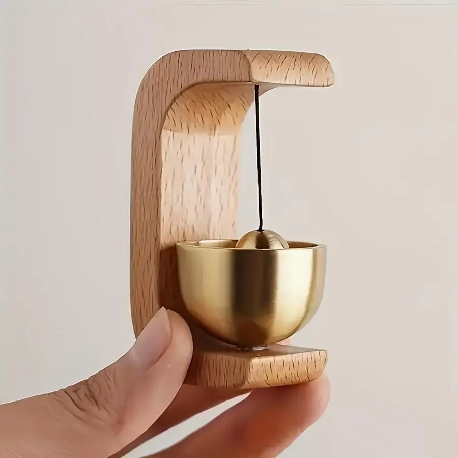 Wooden Magnetic Door Chime – Mini Brass Bell Hanging Decor
