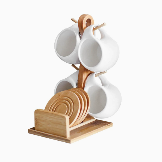 Ceramic Coffee Cup Set with Wooden Stand & Coasters