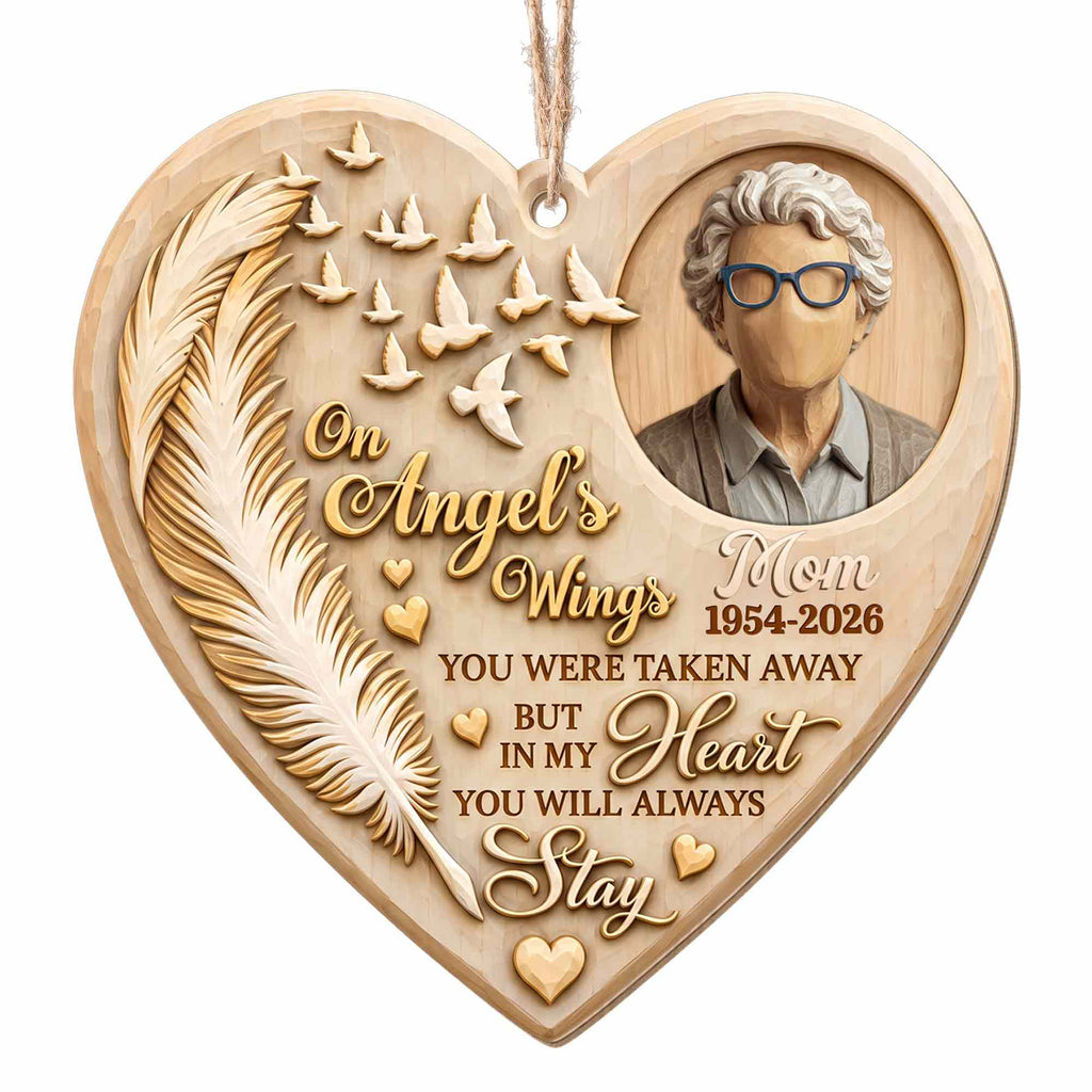 On Angel's Wings, Personalized Custom Wood Ornament, Memorial Gift - 11