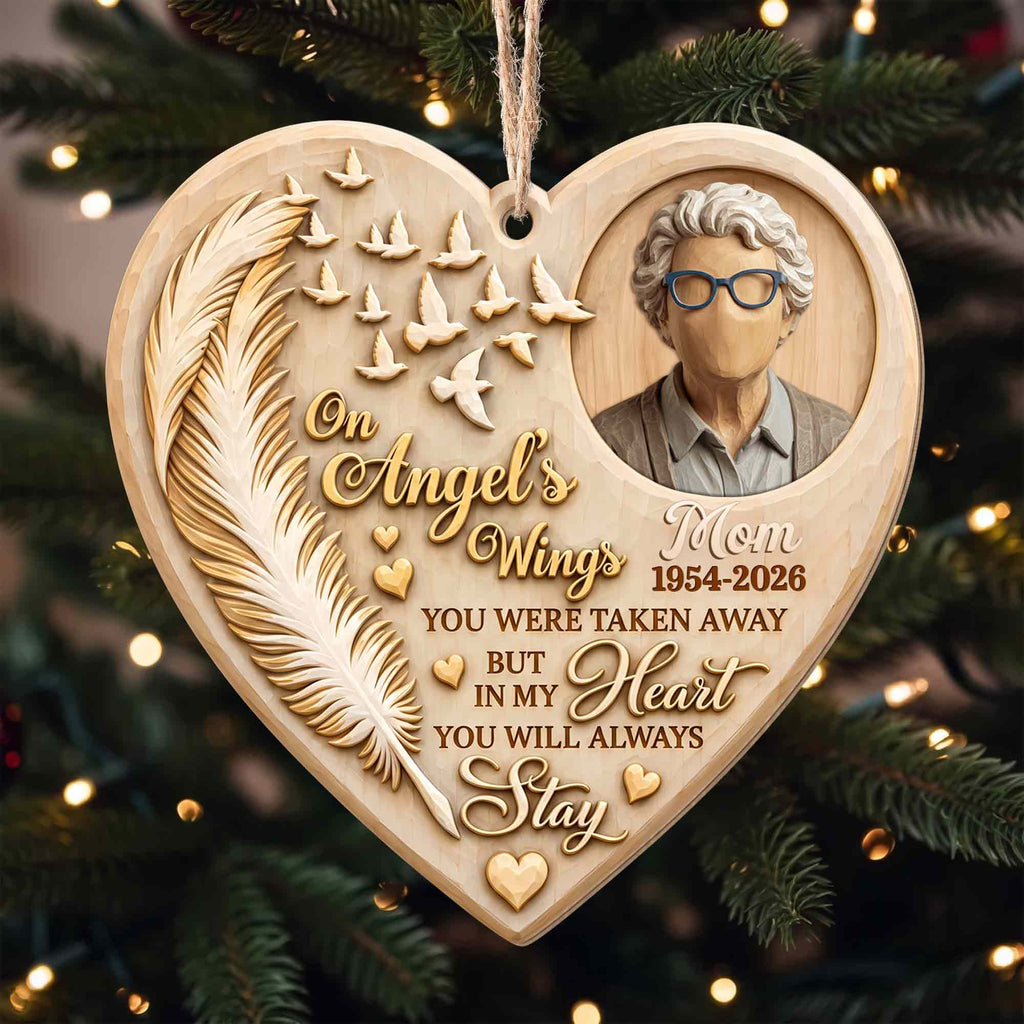 On Angel's Wings, Personalized Custom Wood Ornament, Memorial Gift - 1