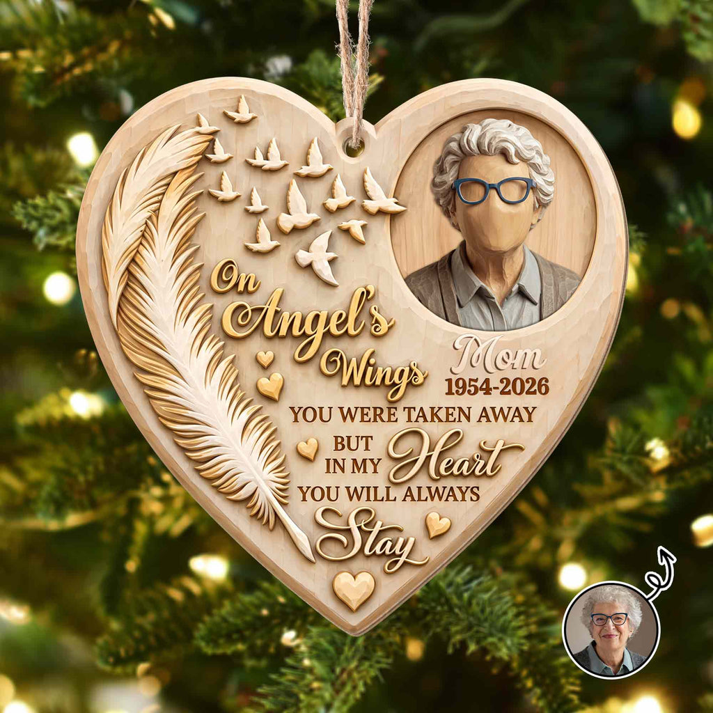 On Angel's Wings, Personalized Custom Wood Ornament, Memorial Gift - 3