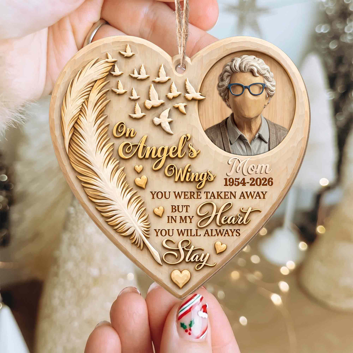 On Angel's Wings, Personalized Custom Wood Ornament, Memorial Gift - 4