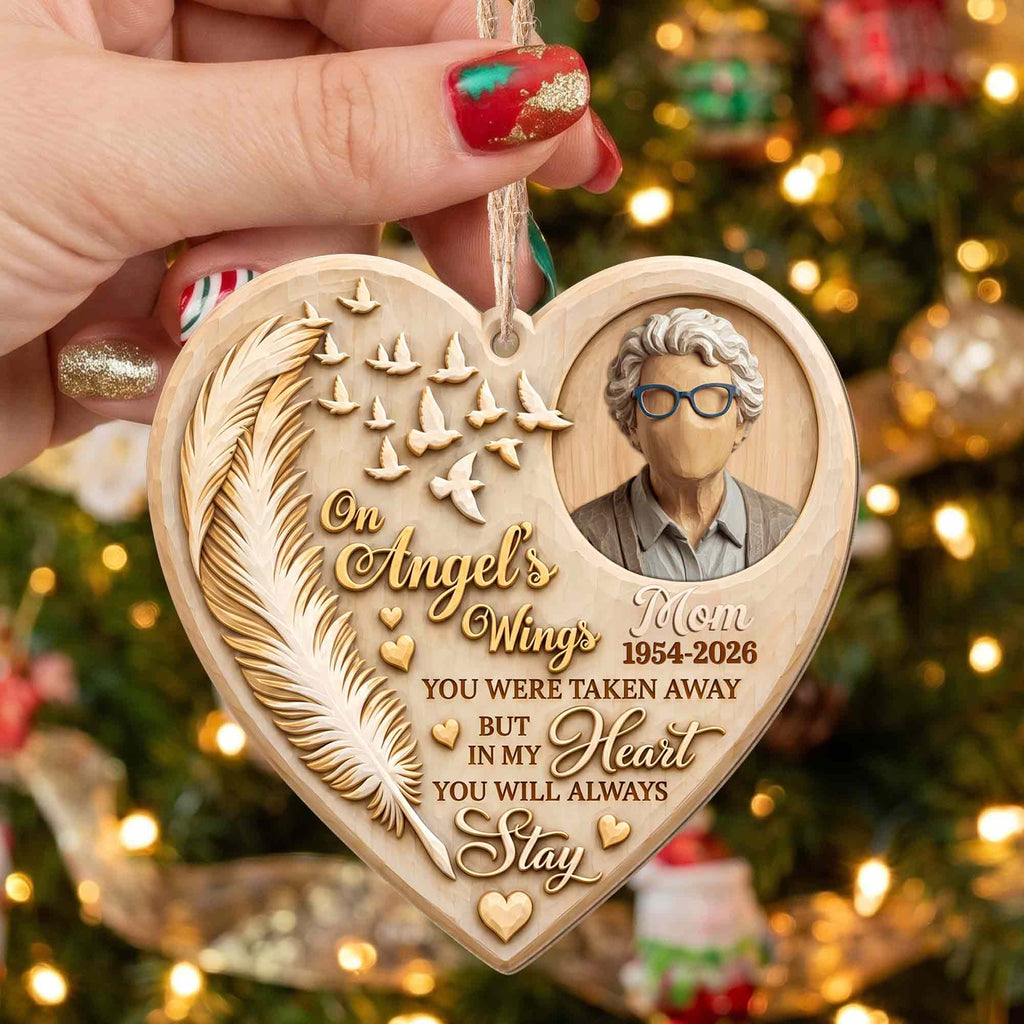 On Angel's Wings, Personalized Custom Wood Ornament, Memorial Gift - 13