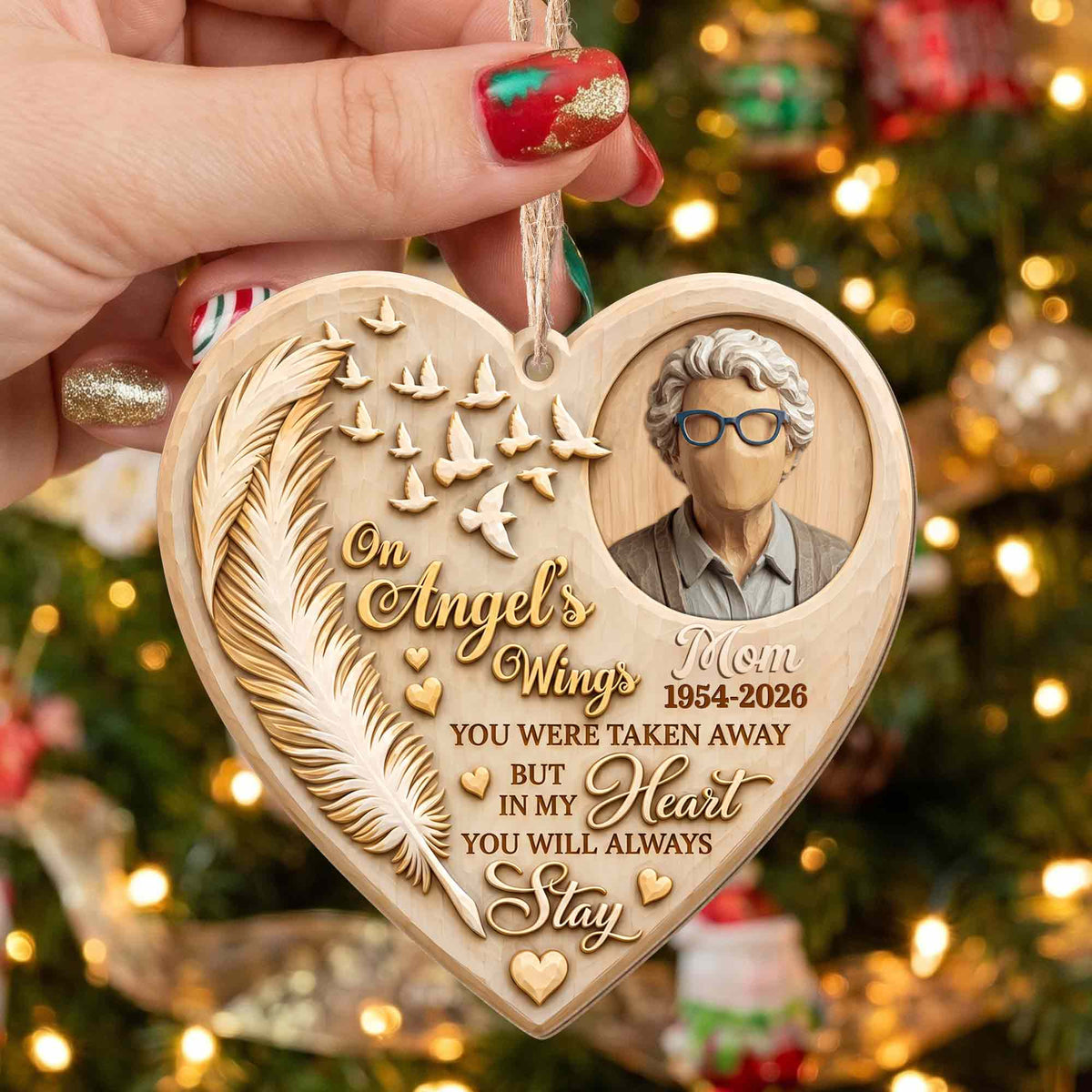 On Angel's Wings, Personalized Custom Wood Ornament, Memorial Gift - 13