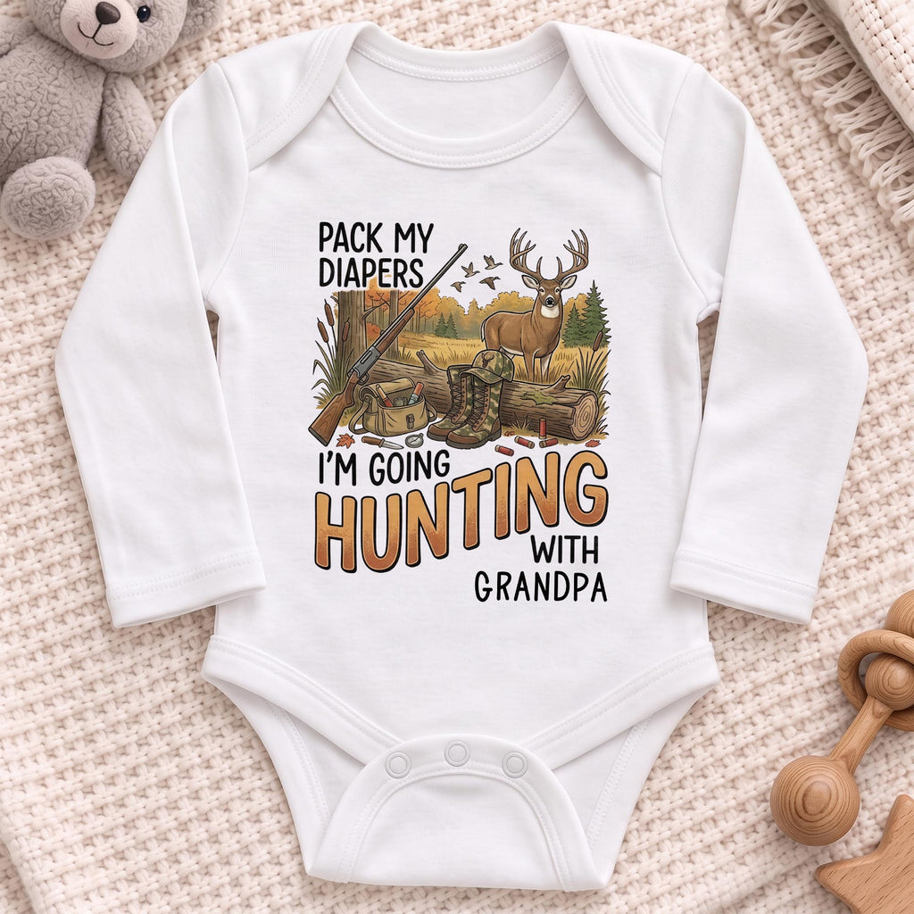 Pack My Diapers Hunting With Grandpa, Personalized Long Sleeve Baby Onesie - 1