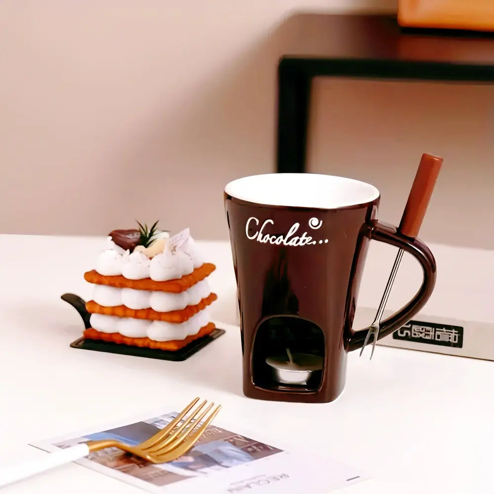 Ceramic Chocolate Warming Mug with Fork – Candle-Heated Dessert Cup