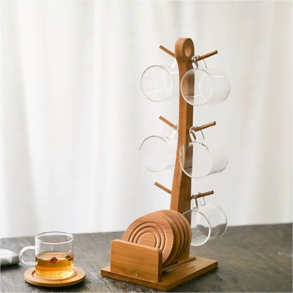 Ceramic Coffee Cup Set with Wooden Stand & Coasters