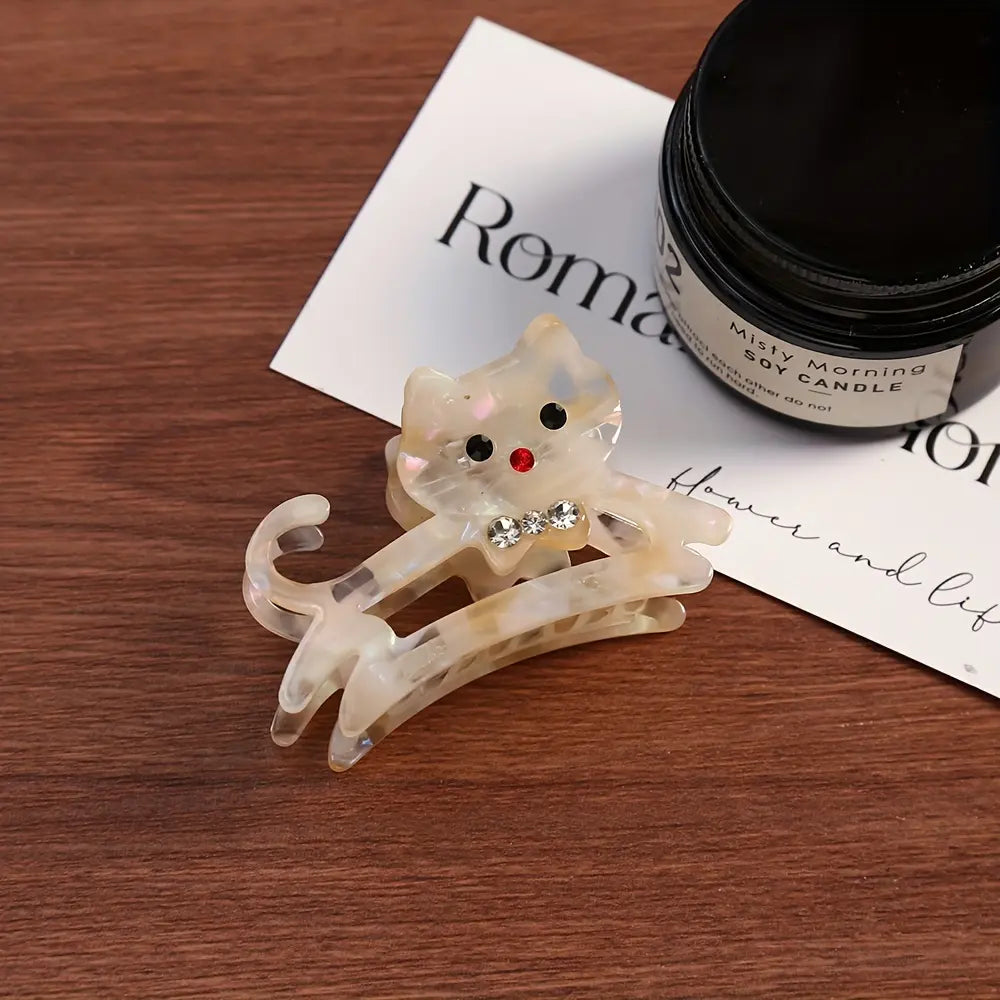 Cute Acrylic Cat Hair Claw Clip – Rhinestone Bow Design