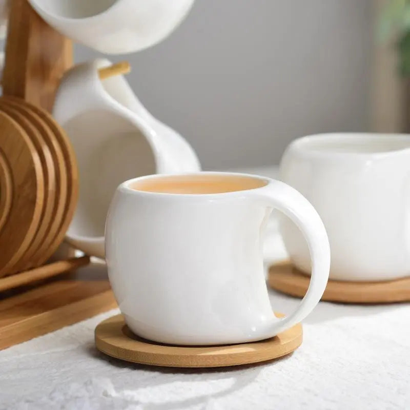 Ceramic Coffee Cup Set with Wooden Stand & Coasters