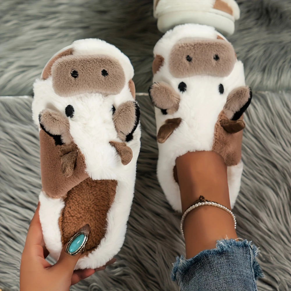 Fuzzy Cow Slippers – Cozy Plush Animal House Shoes
