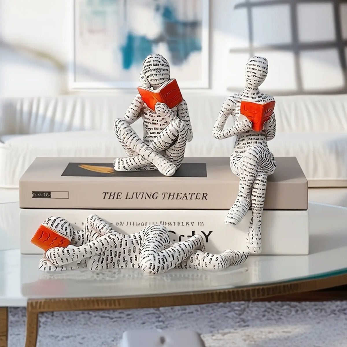 Set of 3 Resin Reading Figurines for Shelf, Living Room, Office & Home Decor
