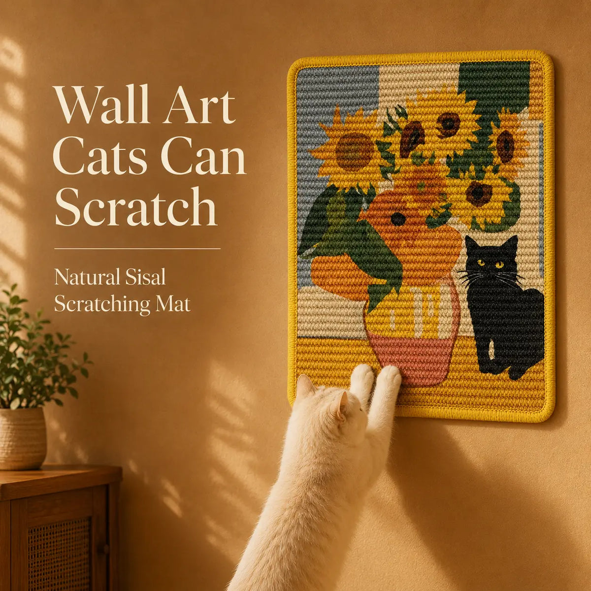 Wall Art Natural Sisal Cat Scratcher Mat with Toy