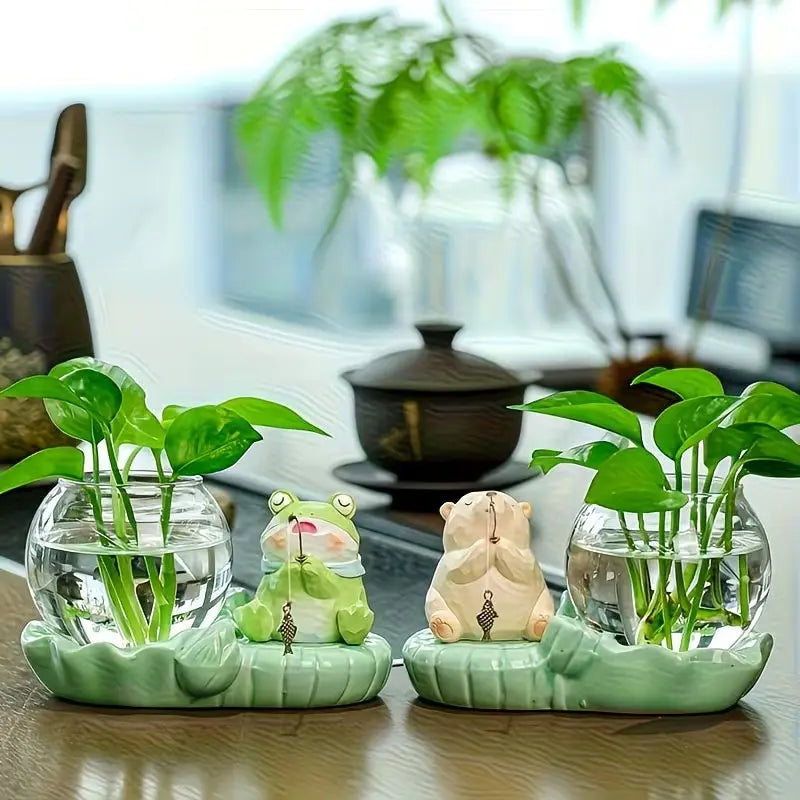 Cute Ceramic Hydroponic Planter with Fishing Animal Figurine