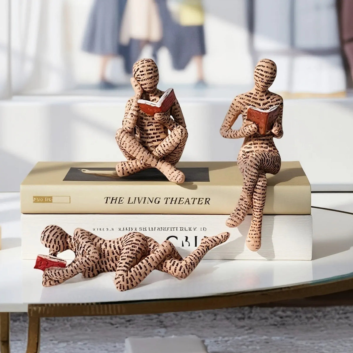 Set of 3 Resin Reading Figurines for Shelf, Living Room, Office & Home Decor