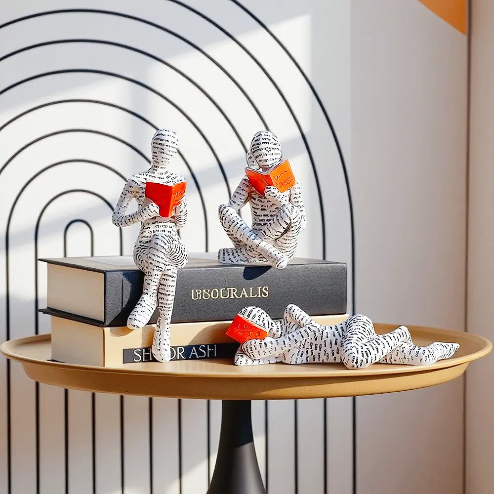Set of 3 Resin Reading Figurines for Shelf, Living Room, Office & Home Decor
