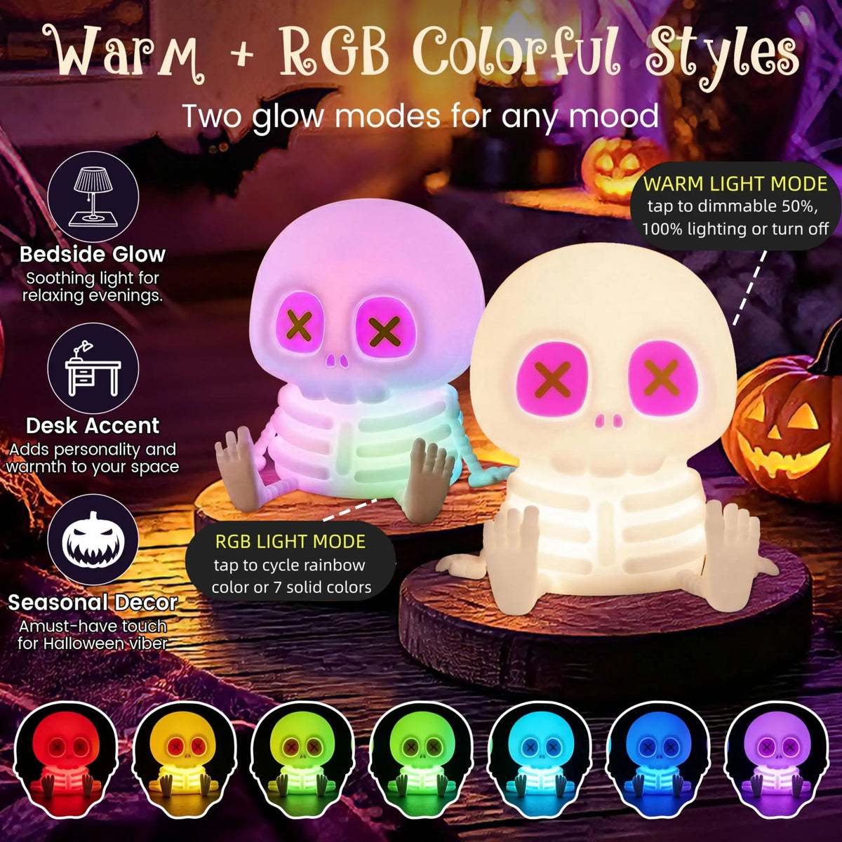 RGB Skeleton Night Light – Rechargeable Halloween Lamp