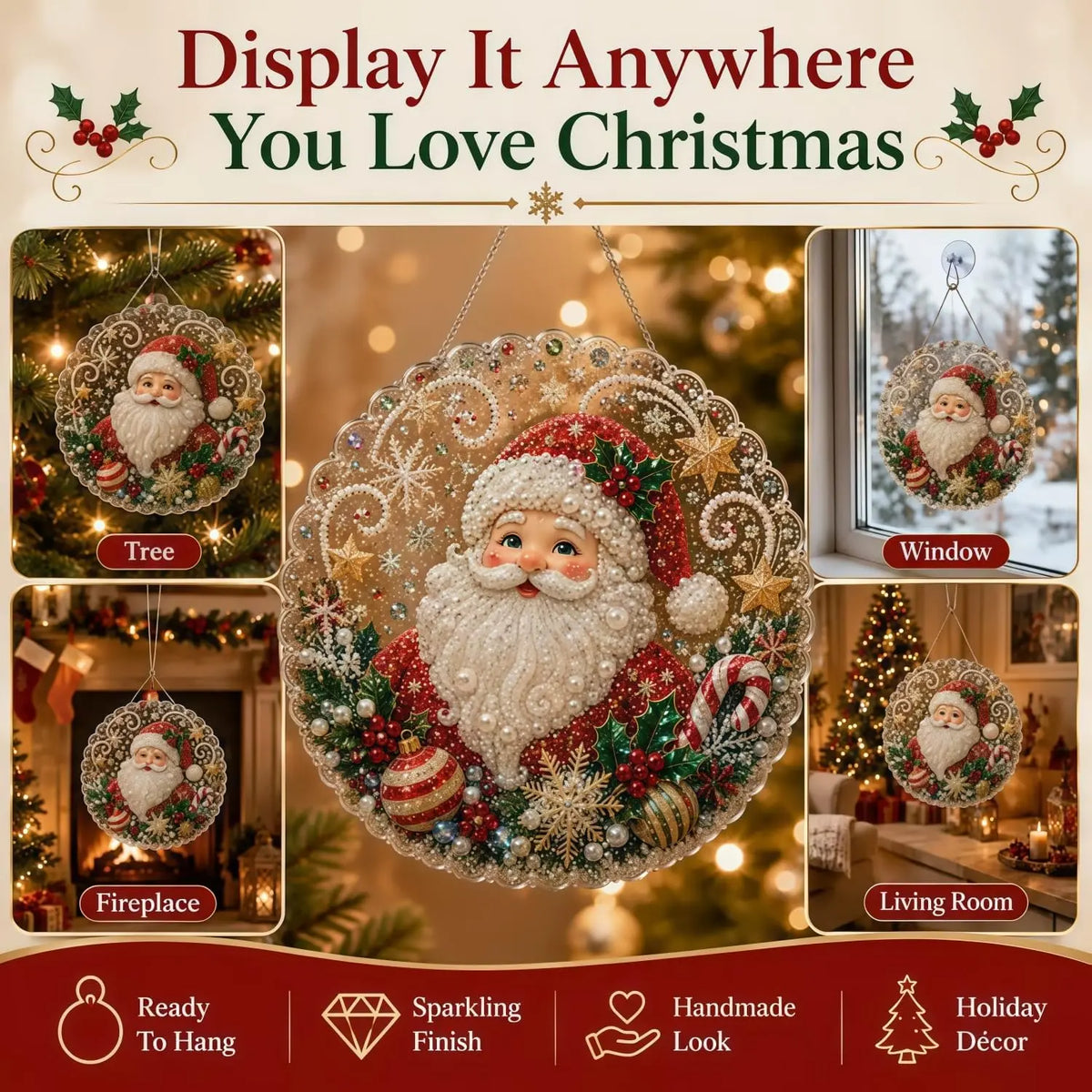 Christmas Pearl Diamond Painting Suncatcher Kit – 8" DIY Holiday Decor