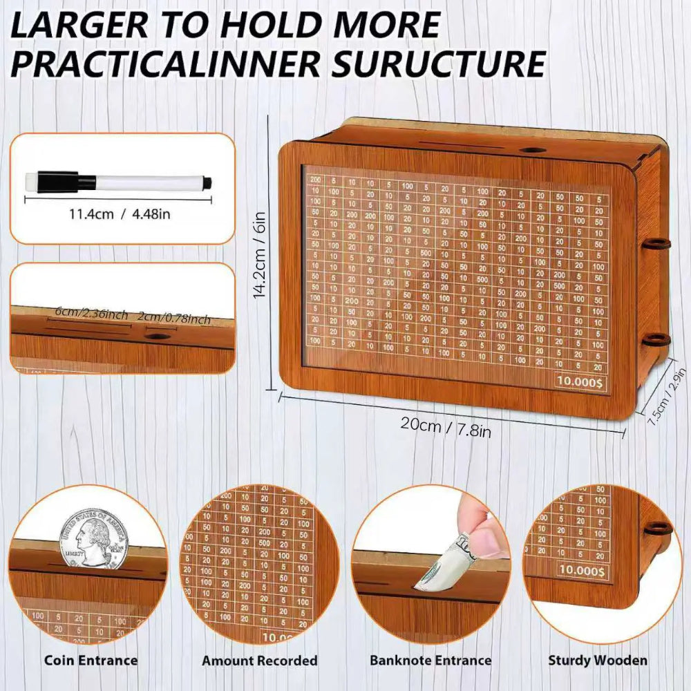 $10,000 Savings Challenge Wooden Money Box