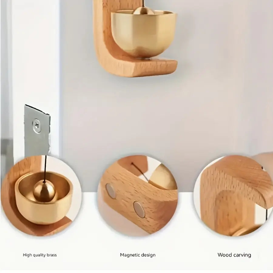 Wooden Magnetic Door Chime – Mini Brass Bell Hanging Decor