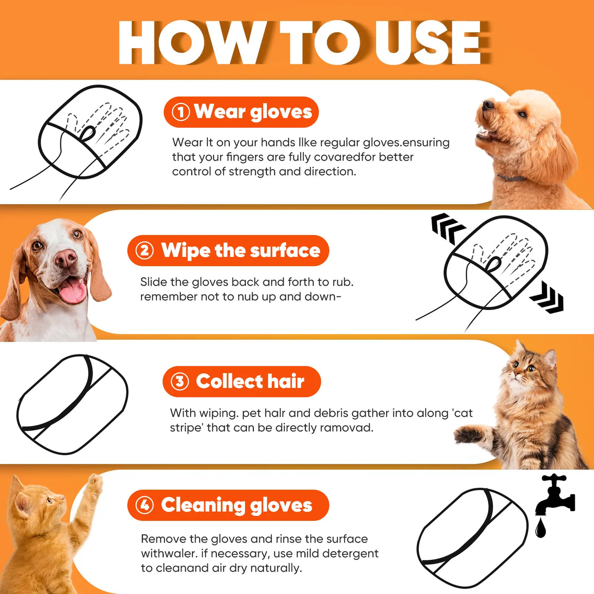 Reusable Pet Hair Remover Glove Pad for Furniture, Carpet & Car Seats