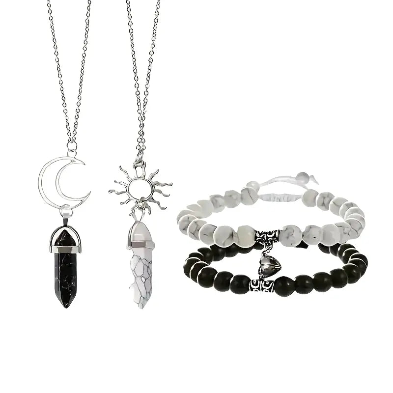 Sun & Moon Couple Jewelry Set – 2 Necklaces + 2 Bracelets