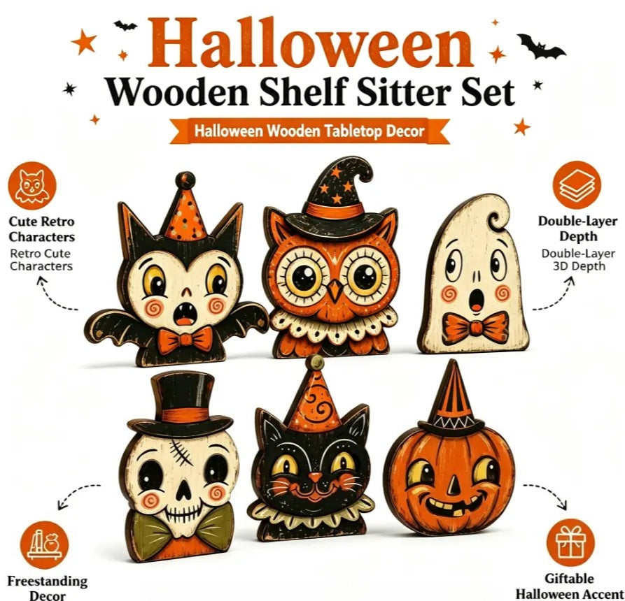 Vintage Halloween Wooden Shelf Sitters – Cute Tabletop Decor