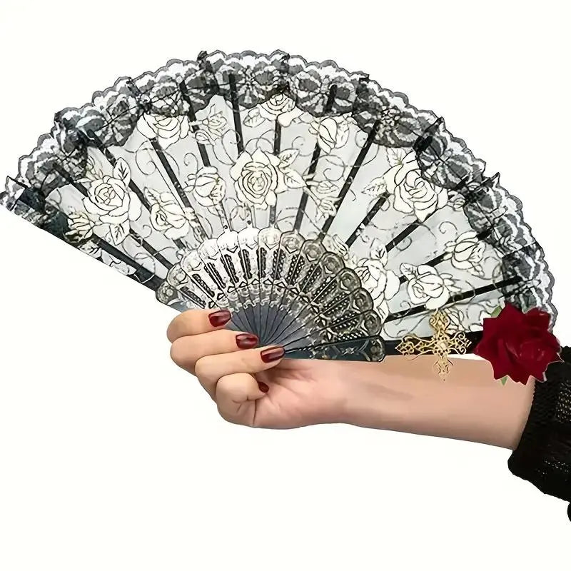 Gothic Lace Folding Hand Fan with Rose