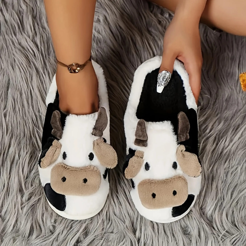 Fuzzy Cow Slippers – Cozy Plush Animal House Shoes