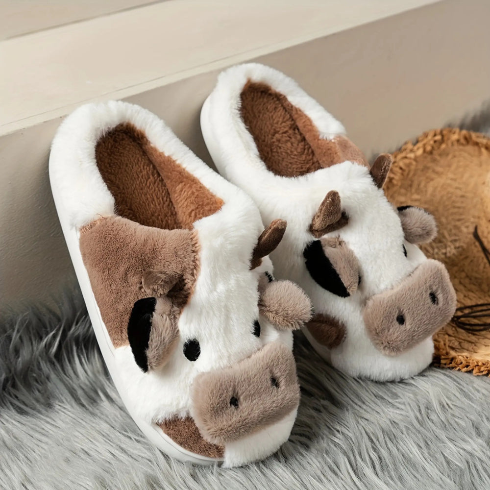 Fuzzy Cow Slippers – Cozy Plush Animal House Shoes