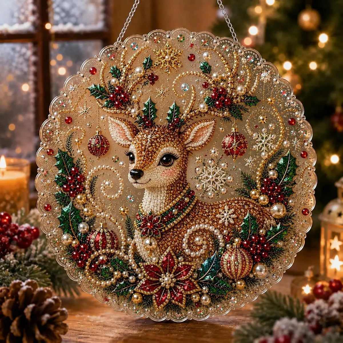 Christmas Pearl Diamond Painting Suncatcher Kit – 8" DIY Holiday Decor