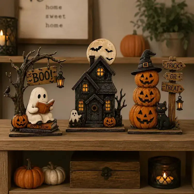 3-Piece Halloween Tabletop Decor Set – Ghost, Haunted House & Pumpkins