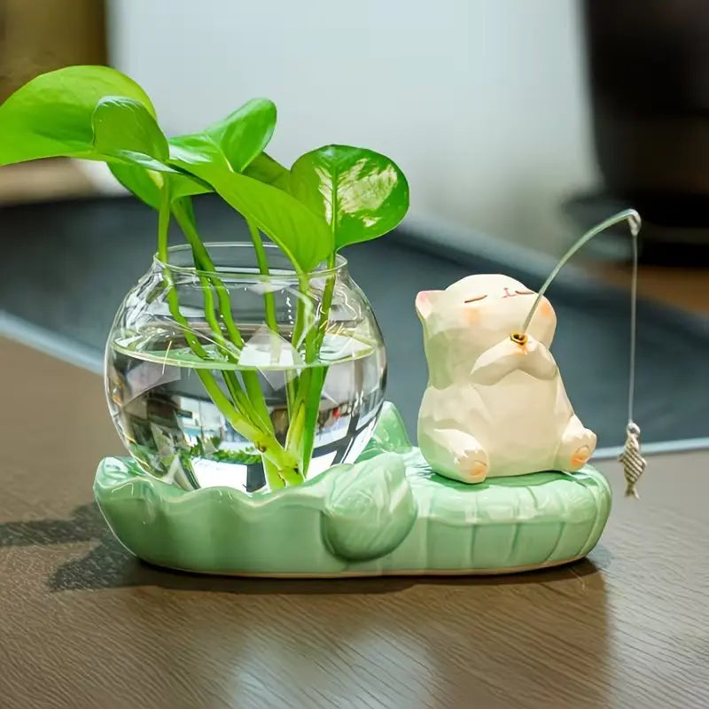 Cute Ceramic Hydroponic Planter with Fishing Animal Figurine