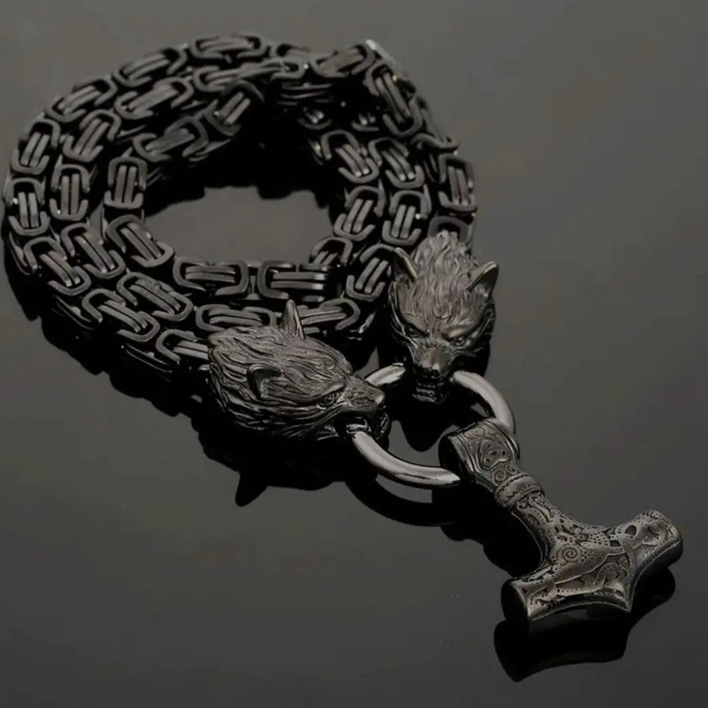 Viking Wolf Head Mjölnir Pendant Necklace – Stainless Steel Chain