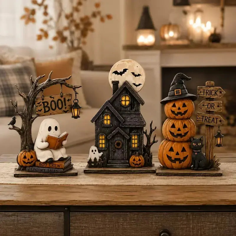 3-Piece Halloween Tabletop Decor Set – Ghost, Haunted House & Pumpkins