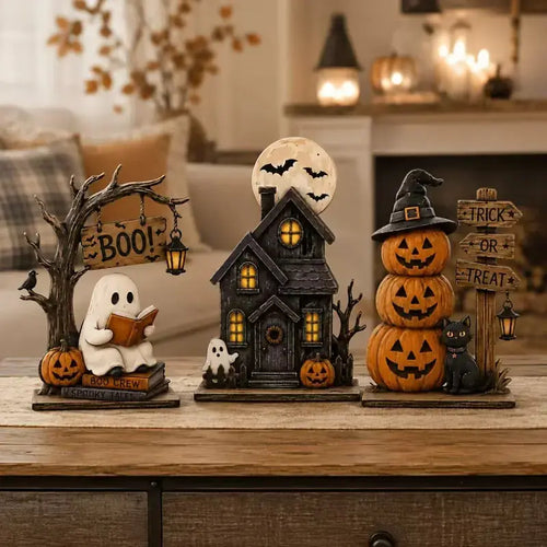 3-Piece Halloween Tabletop Decor Set – Ghost, Haunted House & Pumpkins