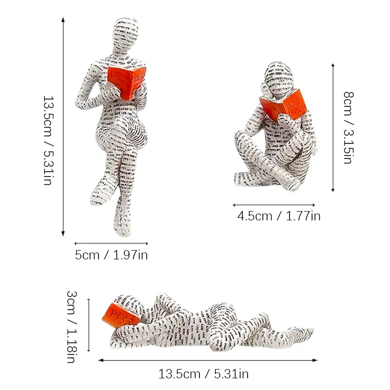 Set of 3 Resin Reading Figurines for Shelf, Living Room, Office & Home Decor