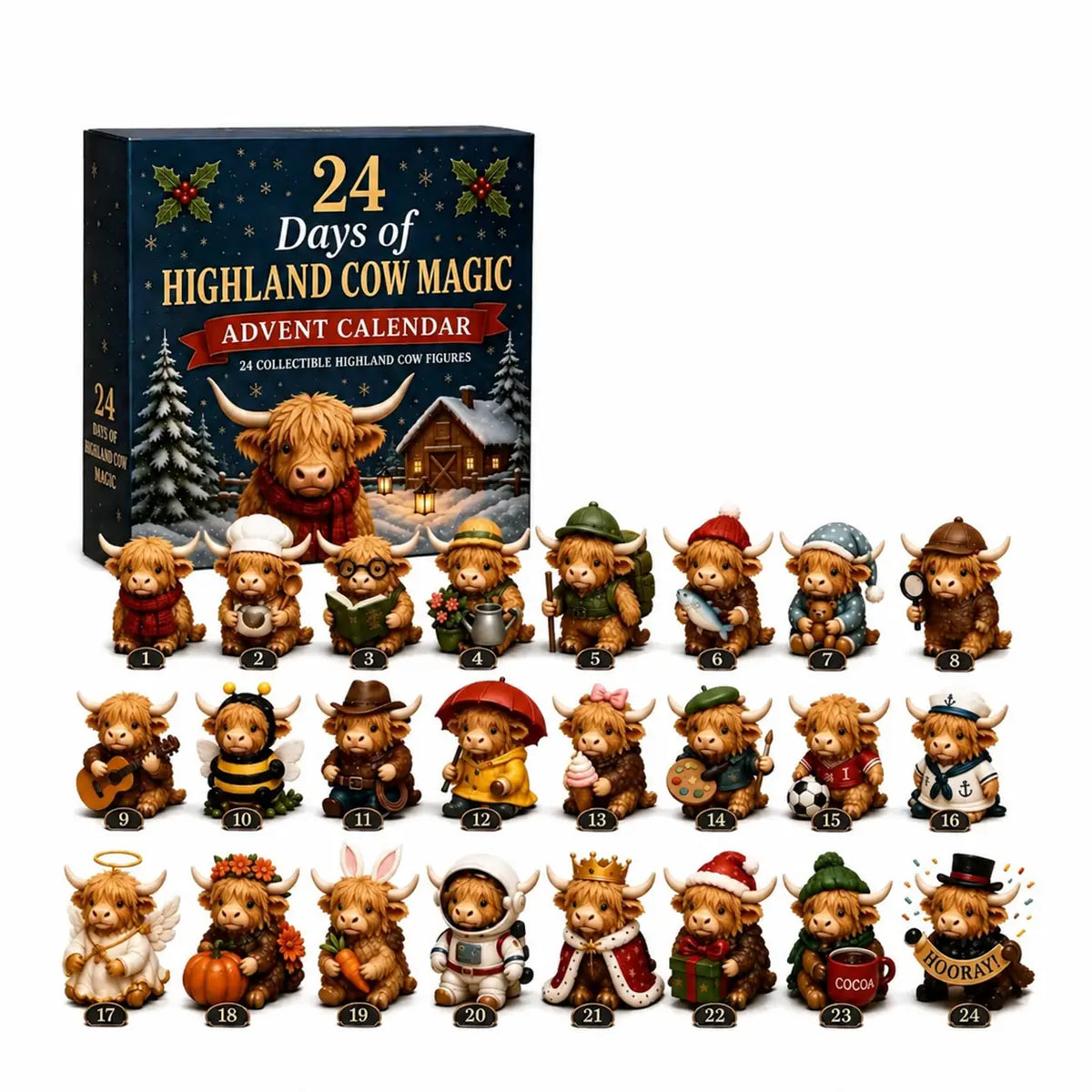 24-Day Highland Cow Advent Calendar – Christmas Countdown Figurine Set