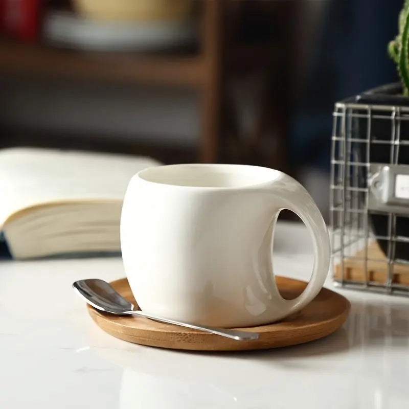Ceramic Coffee Cup Set with Wooden Stand & Coasters