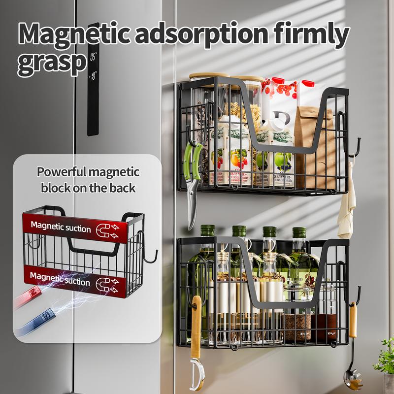 Magnetic Fridge Storage Basket with Hooks