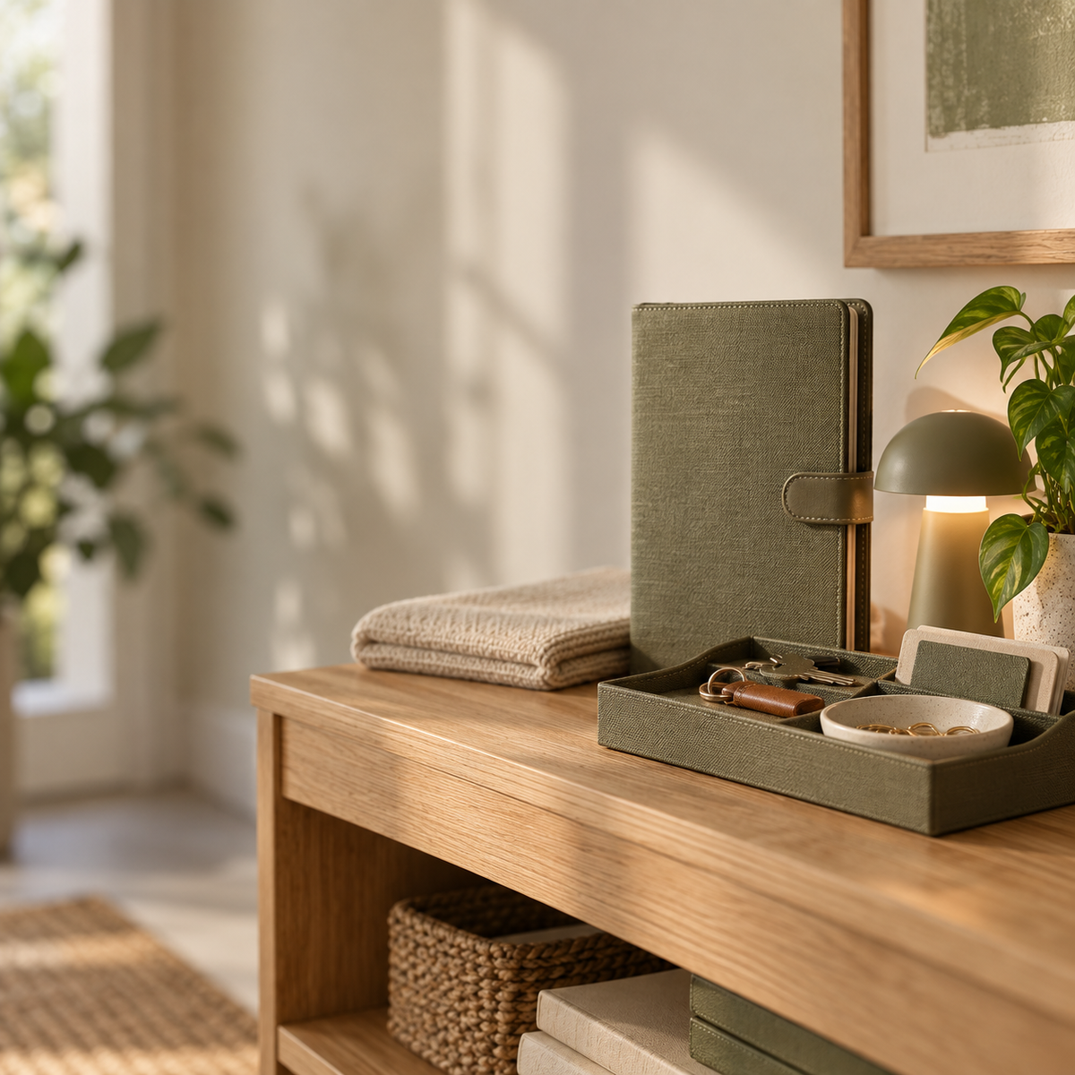 Organized everyday essentials on a warm entryway console