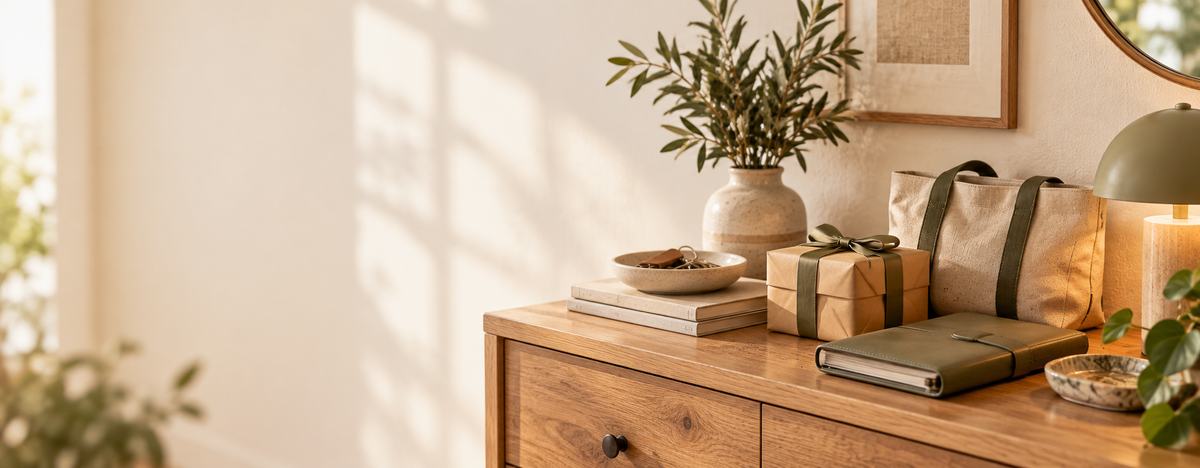 Warm curated lifestyle display for Novi Cove homepage